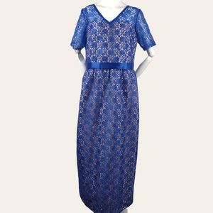 Vintage 1960s Sapphire Lace Cocktail Dress MOD MCM Hostess Dress Jewel Blue Maxi